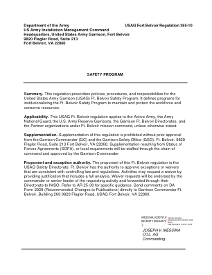 美国陆军部 USAG 贝尔沃堡条例 385-10 美国陆军设施管理司令部总部，美国陆军驻地，贝尔沃堡